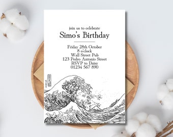 Minimalist Japanese Wave Party Invitation | Editable Japan Theme Invite | Sushi Party | Printable Canva Template | Instant Digital Download