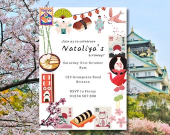 Japanese Theme Birthday Party Invitation | Editable Sushi Party Invite | Printable Canva Template | Instant Digital Download