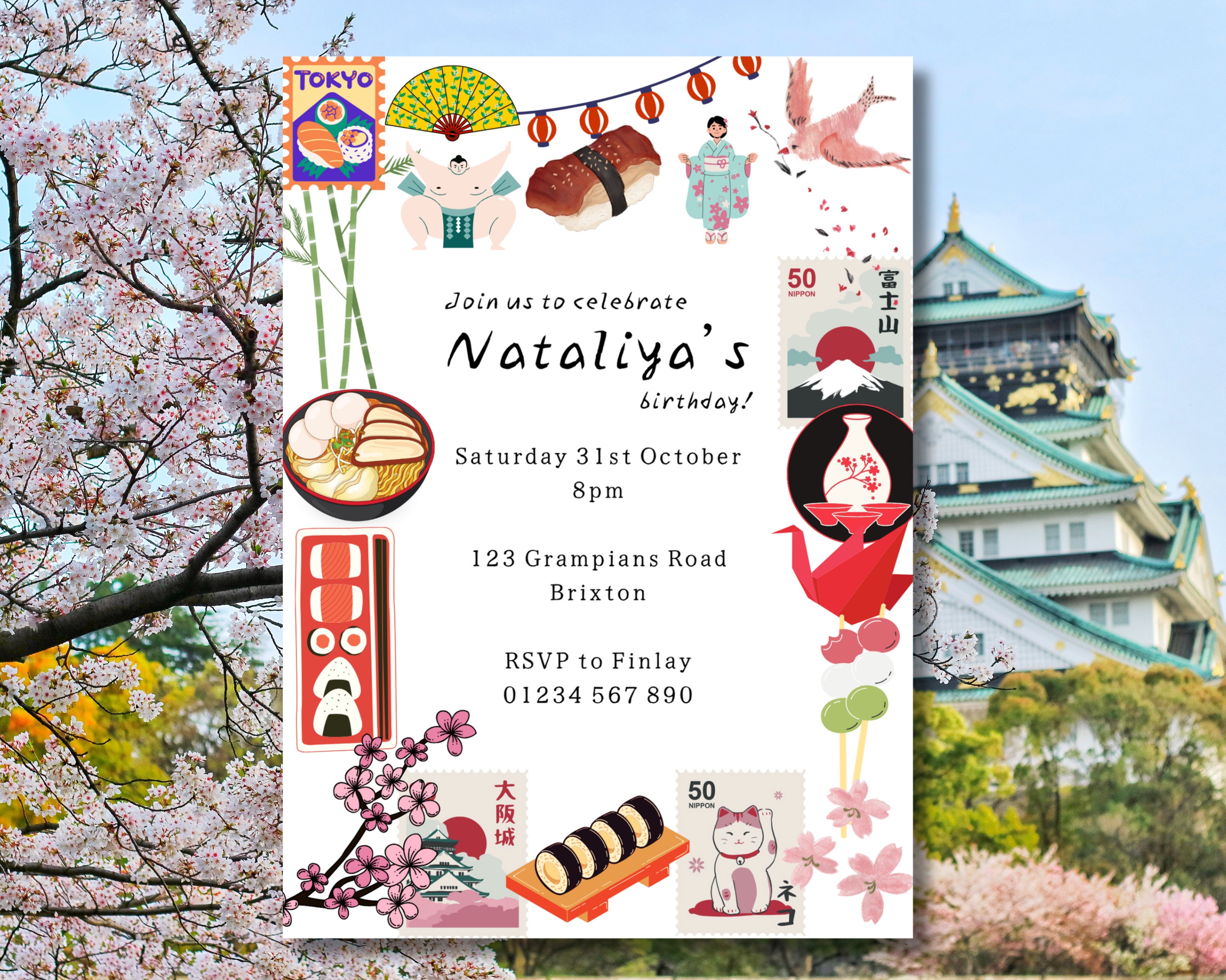 Japanese Birthday Invitation | Sushi Party Invite, Editable Canva