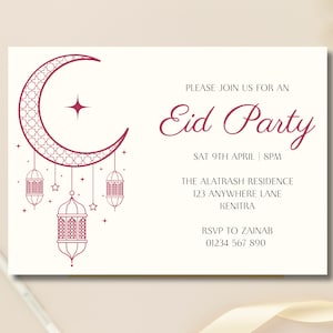 Pode incluir: Um cartão de convite branco com uma lua crescente e lanternas de cor bordô. O texto diz "Por favor, junte-se a nós para uma festa de Eid, Sáb 9 de abril | 20h, A Residência Alatrash, 123 Anywhere Lane, Kenitra, RSVP para Zainab, 01234 567 890".