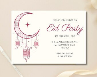Puede incluir: Una tarjeta de invitación blanca con una luna creciente y linternas de color burdeos. El texto dice "Por favor, únase a nosotros para una fiesta de Eid, Sáb 9 de abril | 8 PM, La Residencia Alatrash, 123 Anywhere Lane, Kenitra, RSVP a Zainab, 01234 567 890".