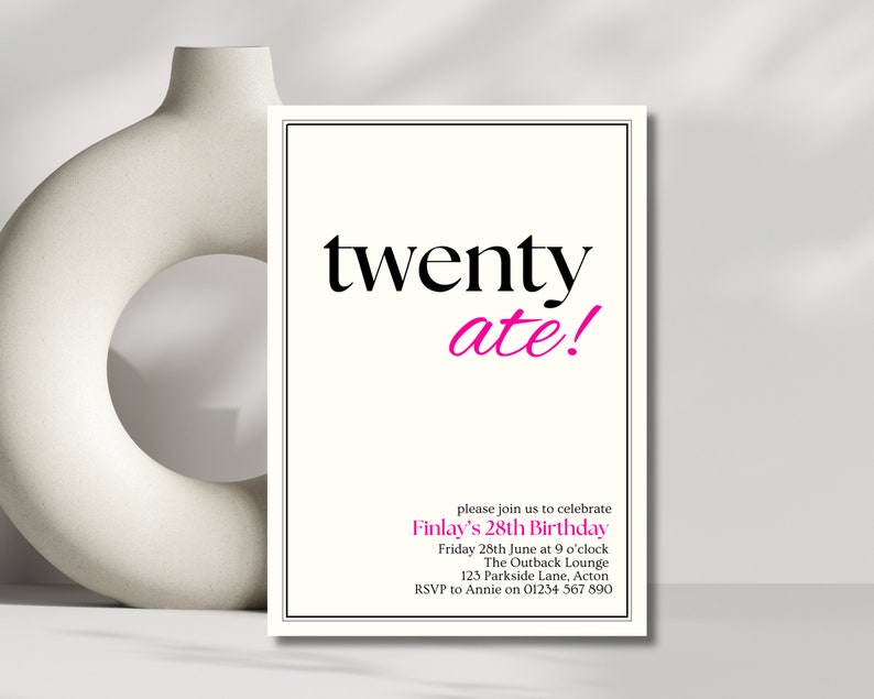 Twentyate Sign Twenty-ate Birthday Party Invitation | Editable 28th Invite ...