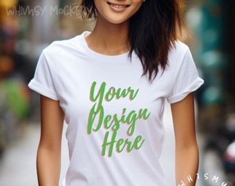 Bella Canvas 3001 Mockup Weißes Hemd Mockup Junge Frau Leere T-Shirt Fotografie Mockup Weibliches Modell JPG Mockup Download POD Mockup