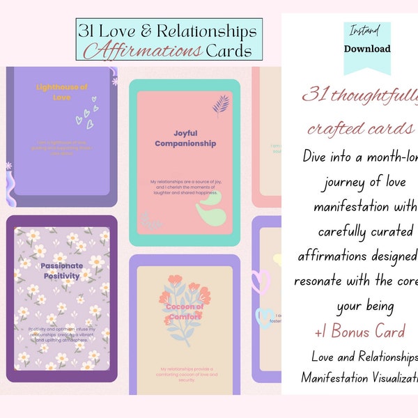 Manifest Love Affirmations-Transform your life with our beautifully crafted  Digital Card Set