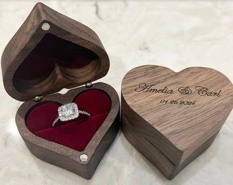 Heart Engraved Ring Box, Custom Ring Box, Ring Bearer Box for Wedding, Anniversary Ring Box, Proposal Wooden Ring Box with Name, Engagement