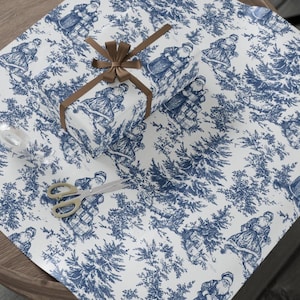 Blue Toile Santa Gift Wrap with Vintage Chinoiserie Style and Stacked Presents for Elegant Christmas and Holiday Wrapping
