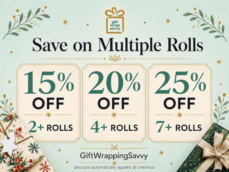 A promotional banner reading Save on Multiple Rolls with discount tiers of 15% off for two or more rolls, 20% off for four or more, and 25% off for seven or more.