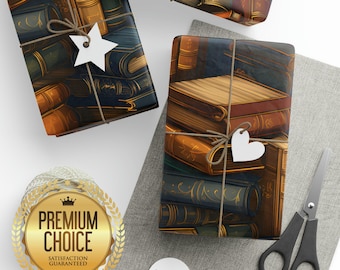 BOOK Themed Gift WRAPPING PAPER Roll, Library Bookshelf Unique & Decorative Bookish Gift Wrap for Book Lover