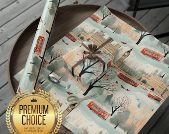 Abstract London Themed Gift Wrap feat. Double Decker Bus, Big Ben, Parliament, and The Thames | London Inspired Wrapping Paper