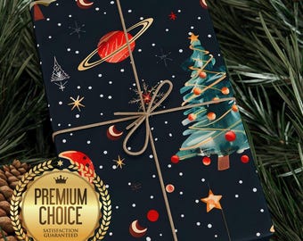 HOLIDAY CHRISTMAS Gift WRAPPING Paper, Outer Space & Astronaut Snowflakes Moon Design Winter Gift Wrap