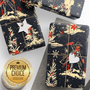 Papel de embrulho natalino com tema de cowboy, para presente de Natal com neve e temática do Velho Oeste.