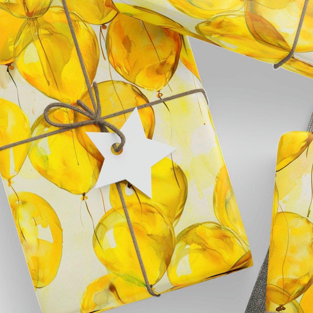 Yellow Balloon Watercolor Birthday Wrapping Paper, Boys/Girls Birthday Gift Wrap, Balloon Yellow and White Scrapbooking Paper