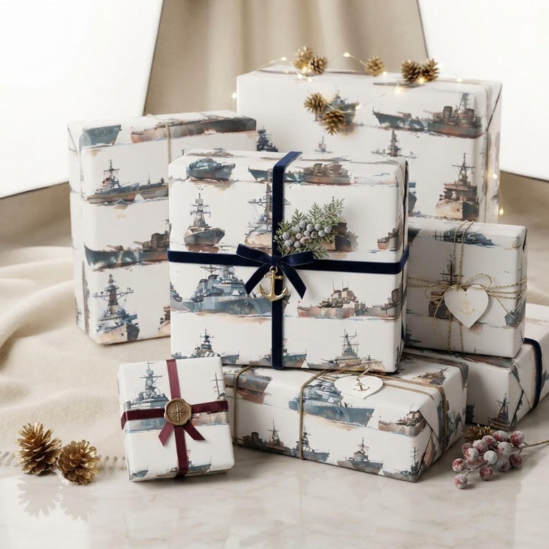 Warships Gift Wrapping Paper, Navy Ships Wrapping Paper for Holidays and Birthdays, Battleship Gift Wrap for Christmas and Parties shown in an AI-generated listing photo
