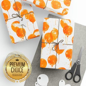 Orange Balloon Watercolor Birthday Wrapping Paper, Boys/Girls Birthday Gift Wrap, Balloon Orange and White Scrapbooking Paper image 1