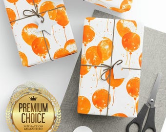 Orange Balloon Watercolor Birthday Wrapping Paper, Boys/Girls Birthday Gift Wrap, Balloon Orange and White Scrapbooking Paper