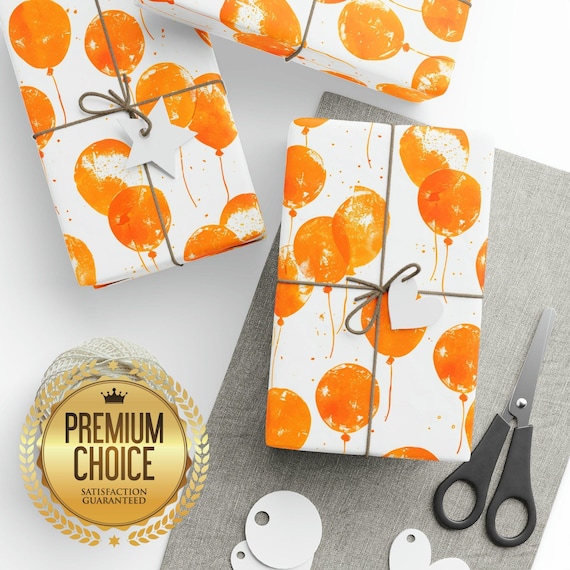 Orange Balloon Watercolor Birthday Wrapping Paper, Boys/Girls Birthday Gift Wrap, Balloon Orange and White Scrapbooking Paper