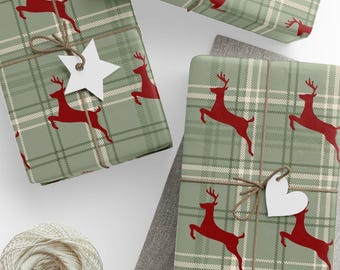 Burgundy Reindeer on Green Plaid Christmas Wrapping Paper for Classic Holiday Gifts with Vintage Tartan Style