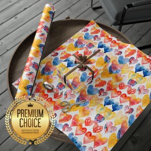 Colorful LOVE Hearts Wrapping Paper for Birthdays, Anniversaries, Christmas, Showers, Heart Gift Wrap in Yellow, Red, Pink, Blue