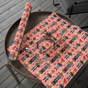 Vintage Nutcracker Holiday Wrapping Paper with Pink Background, Festive Toy Soldier Giftwrap for Christmas and Birthdays