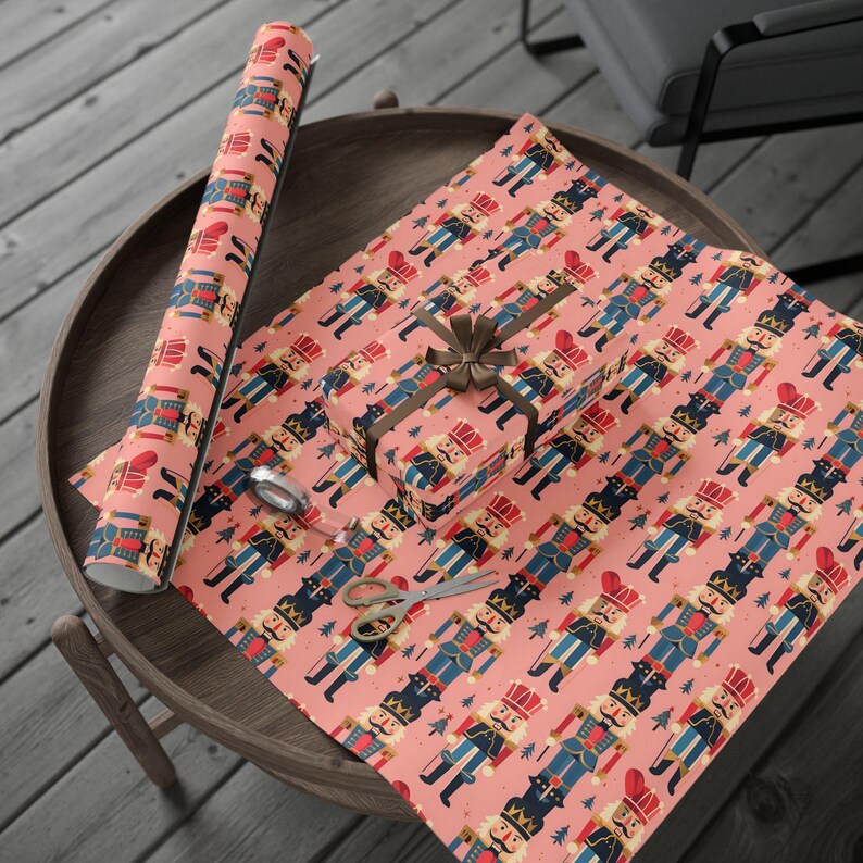 Vintage Nutcracker Holiday Wrapping Paper with Pink Background, Festive Toy Soldier Giftwrap for Christmas and Birthdays