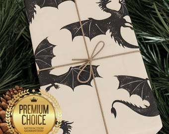 Carta da regalo con sagome di draghi volanti, confezione regalo fantasy