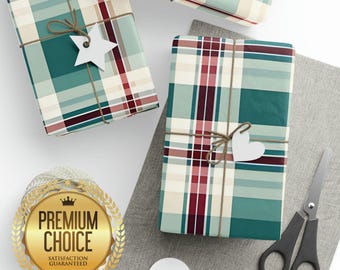 Green, White, and Red Plaid Christmas Wrapping Paper Rolls, Elegant Gift Wrap, Red and Green Plaid Gift Wrap, Christmas Classic Gift Wrap