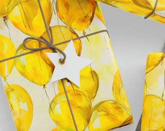 Yellow Balloon Watercolor Birthday Wrapping Paper, Boys/Girls Birthday Gift Wrap, Balloon Yellow and White Scrapbooking Paper
