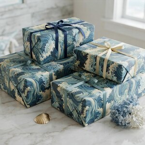 Blue Great Wave Birthday and Christmas Wrapping Paper | Kanagawa Wave Gift Wrap | Ocean Waves Crashing Gift Wrap shown in an AI-generated listing photo