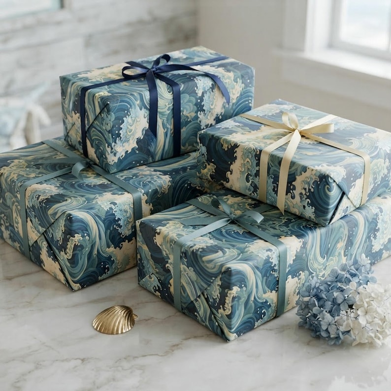 Blue Great Wave Birthday and Christmas Wrapping Paper | Kanagawa Wave Gift Wrap | Ocean Waves Crashing Gift Wrap shown in an AI-generated listing photo