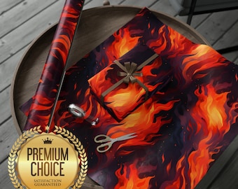 May include: A roll of wrapping paper and a wrapped gift featuring a fiery flame design in shades of red, orange, and black. A pair of scissors and tape are also present. The image includes a gold seal that says "Premium Choice" and "Satisfaction Guaranteed."