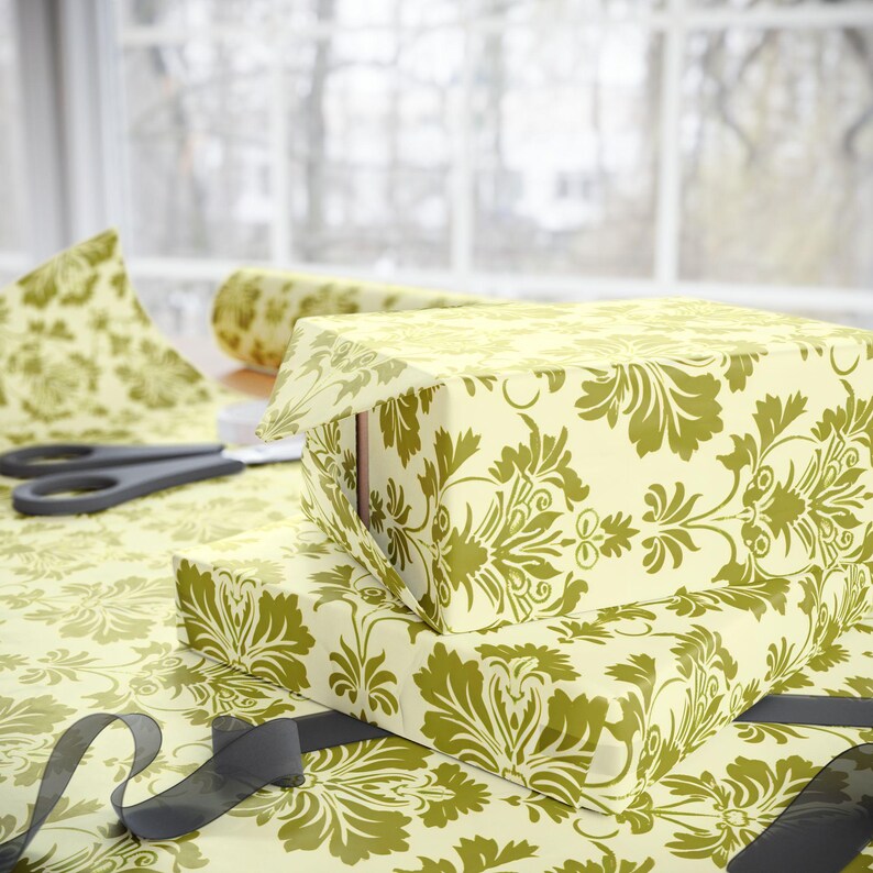 Chartreuse and Cream Ornate Floral Wrapping Paper for Birthdays ...