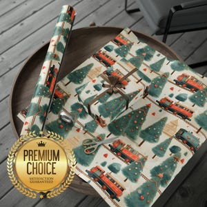 Trains In The Winter Christmas Holiday Winter Wrapping Paper | Train Themed Christmas Gift Wrap