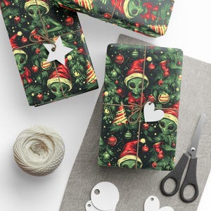 Alien Christmas Tree Wrapping Paper | Unique Sci-Fi Holiday Gift Wrap | Fun Alien Ornaments Christmas Wrapping Paper