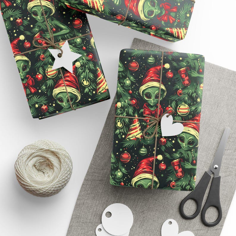 Alien Christmas Tree Wrapping Paper | Unique Sci-Fi Holiday Gift Wrap | Fun Alien Ornaments Christmas Wrapping Paper