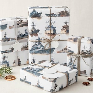 Warships Gift Wrapping Paper, Navy Ships Wrapping Paper for Holidays and Birthdays, Battleship Gift Wrap for Christmas and Parties shown in an AI-generated listing photo