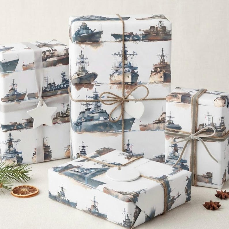 Warships Gift Wrapping Paper, Navy Ships Wrapping Paper for Holidays and Birthdays, Battleship Gift Wrap for Christmas and Parties shown in an AI-generated listing photo