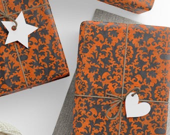 Halloween Damask Wrapping Paper Elegant Orange and Black Gift Wrap Rolls for Gothic Birthday Wrapping, Spooky Parties, or Haunted Decor
