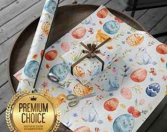 Easter Sunday Wrapping Paper for Mom, Kids, Birthdays, Showers, Easter Egg Hunt Gift Wrap with Chicks and Bunnies Boys, Girls