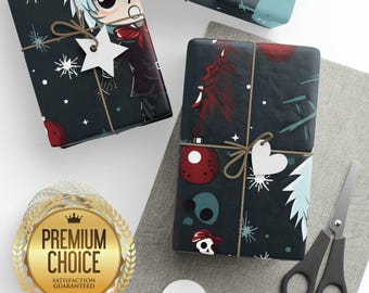 Gothic Anime Christmas Wrapping Paper Rolls, Dark Gift Wrap, Black Christmas Gift Wrap, Christmas Wrapping Paper, Gothic Scrapbook Paper