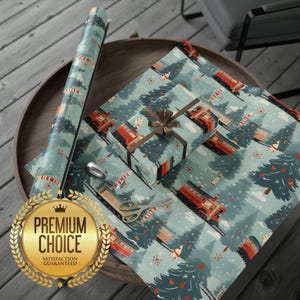 Trains In The Winter Christmas Holiday Winter Wrapping Paper | Train Themed Christmas Gift Wrap