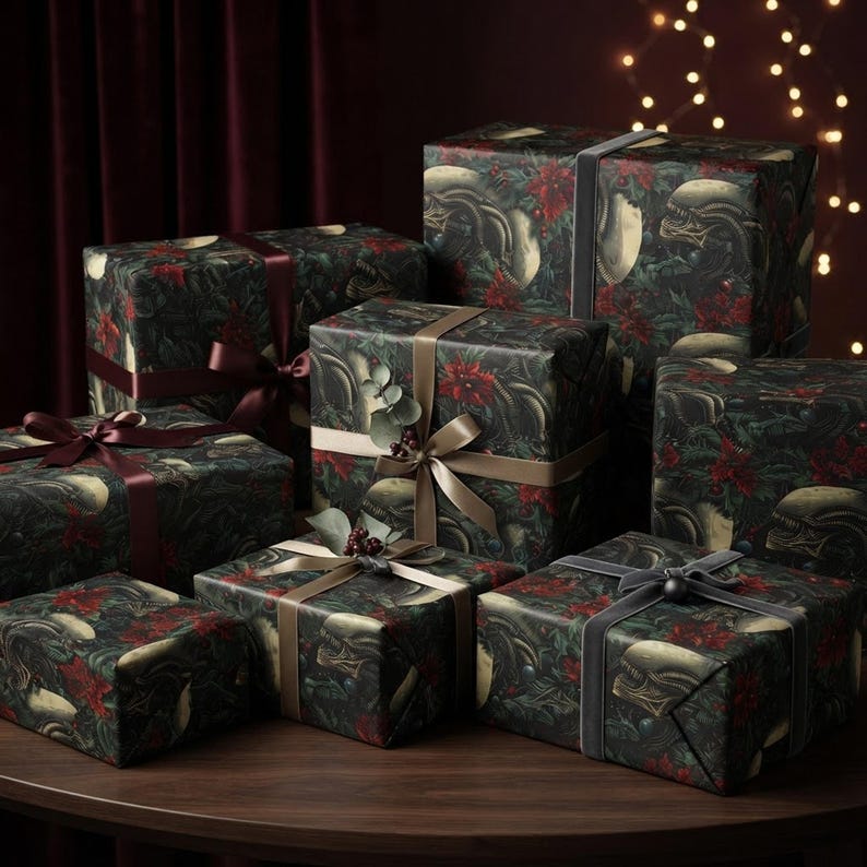 Alien Xenomorph Christmas Wrapping Paper | Sci-Fi Horror Gift Wrap shown in an AI-generated listing photo