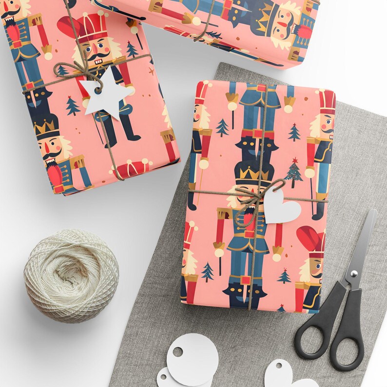 Vintage Nutcracker Holiday Wrapping Paper with Pink Background, Festive Toy Soldier Giftwrap for Christmas and Birthdays
