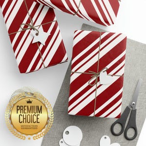 Red and White Christmas Candy Cane Striping Holiday Winter Themed Wrapping Paper | Red White Christmas Themed Gift Wrap