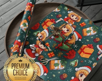 Papel de regalo navideño con diseño de chica anime / Papel de regalo brillante para las fiestas