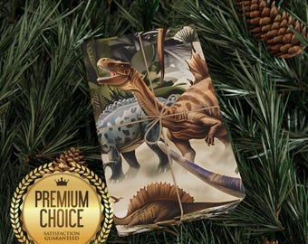 Carta da regalo con dinosauri, ideale per feste a tema giurassico per bambini.