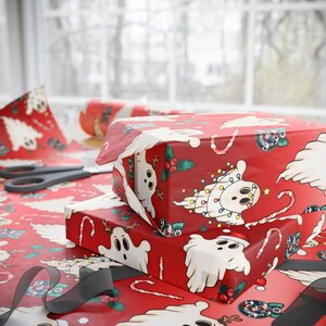 Boo! Christmas Giftwrap for Spooky Presents, Halloween Themed Holiday Gift Wrapping Paper, Red Xmas Ghost Wrapping Paper