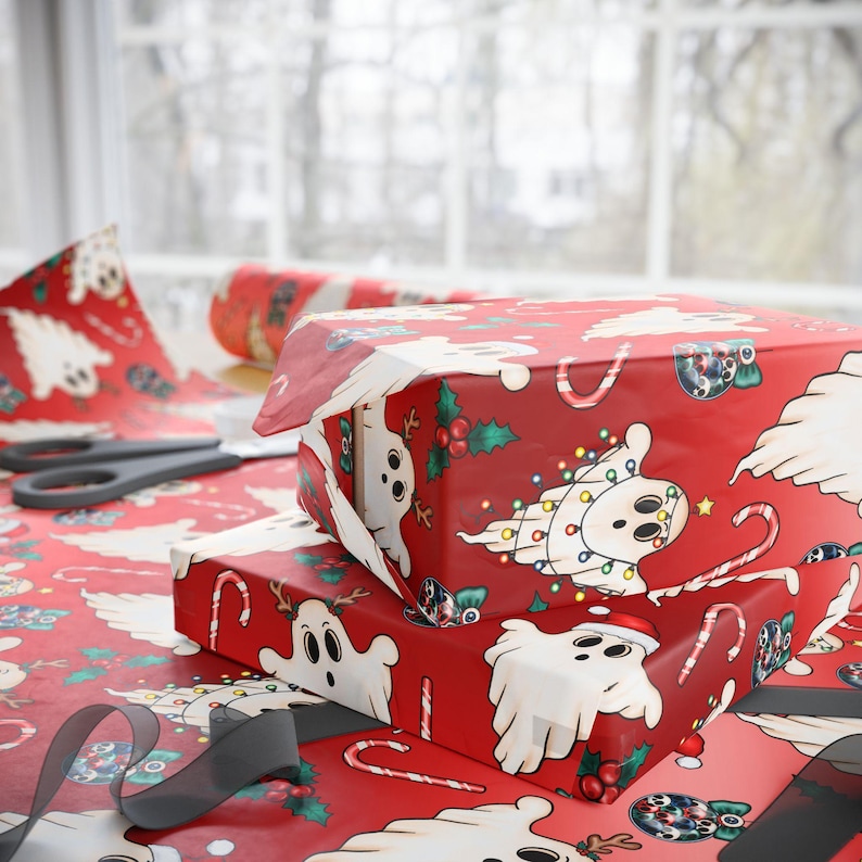 Boo! Christmas Giftwrap for Spooky Presents, Halloween Themed Holiday Gift Wrapping Paper, Red Xmas Ghost Wrapping Paper