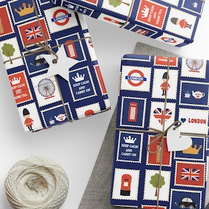 London Icons Gift Wrap Featuring British Motifs, Union Jacks, Guards, Buses, and Big Ben for Birthday and Travel Wrapping