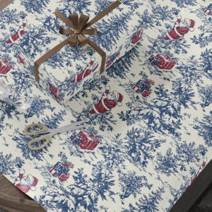 Toile Christmas Gift Wrap with Santa, Holiday Trees, and Red and Blue Presents for Vintage-Inspired Holiday Wrapping