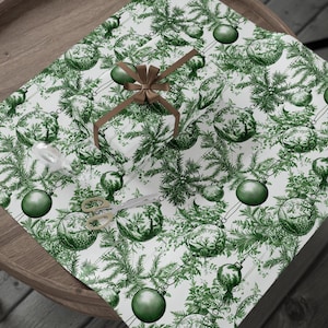 Green Toile Christmas Gift Wrap with Vintage Ornaments, Holly, and Pine Sprigs for Elegant Holiday and Winter Wrapping